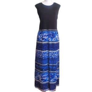 Karin Stevens vtg 90s rayon blend sleeveless black blue abstract maxi skirt 12